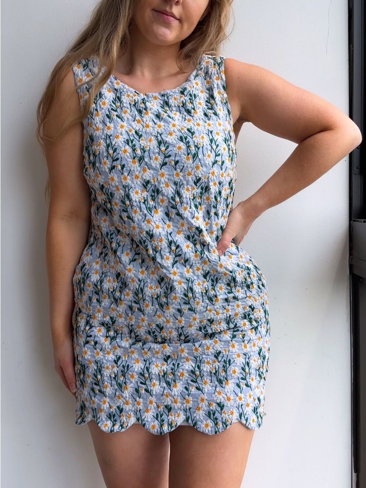 Lost + Wander White Mini Dress with Embroidered Floral Details & Scallop Hem