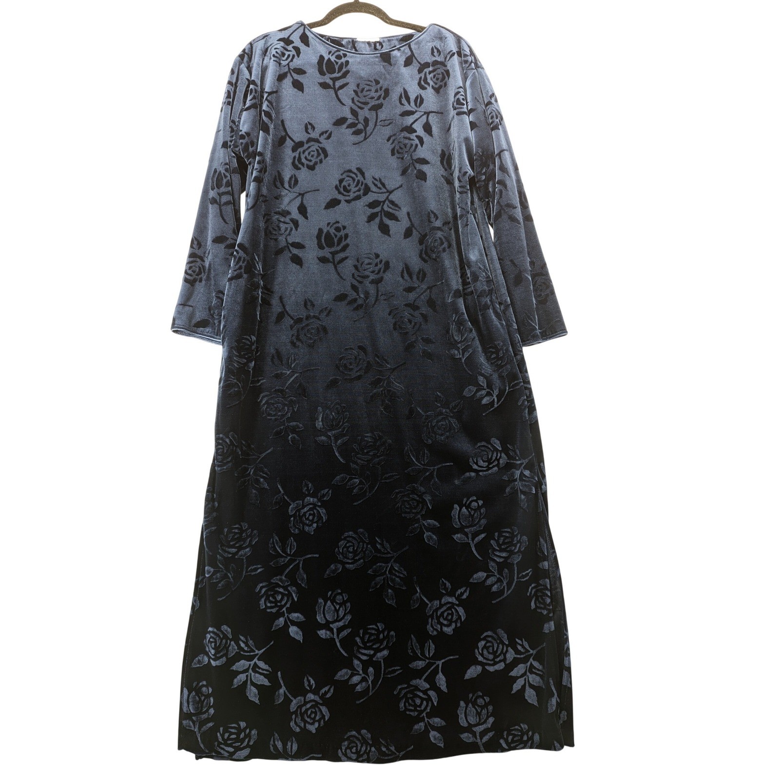 Blue Ombre Velvet Floral Rose Embossed Maxi Dress Long Sleeve Pockets Formal L