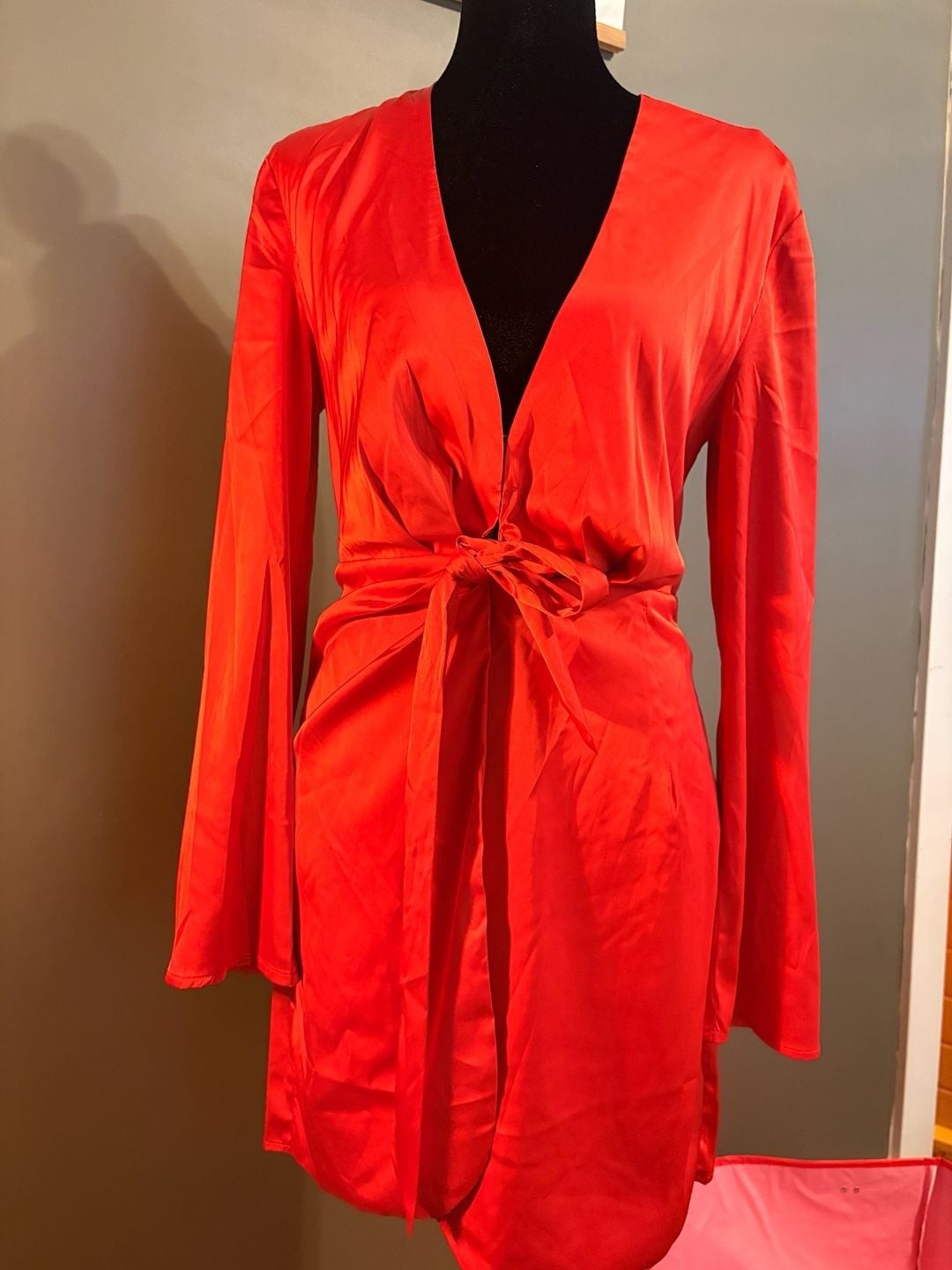 Tiger Mist Red Satin Wrap Tie Mini Dress with Bell Sleeves