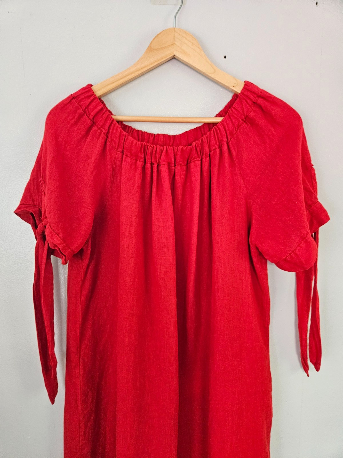 LUNGO L’ARNO Red Linen Dress Lrg Short Tie Sleeves Lace Trim Off Shoulder Italy