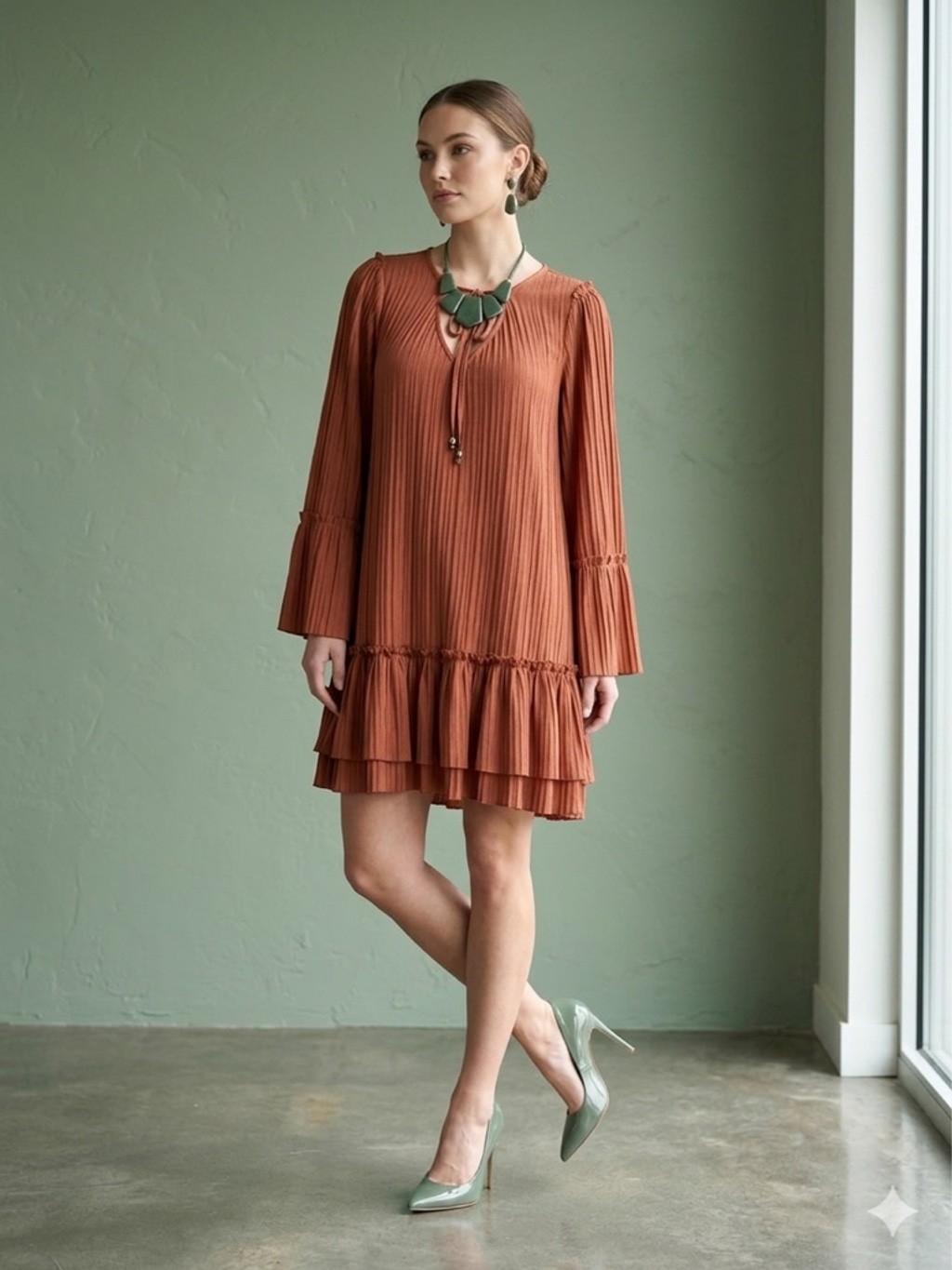 Dress Up Pleated Rust Terracotta Shift Mini Dress Bell Sleeve Boho Tiered M