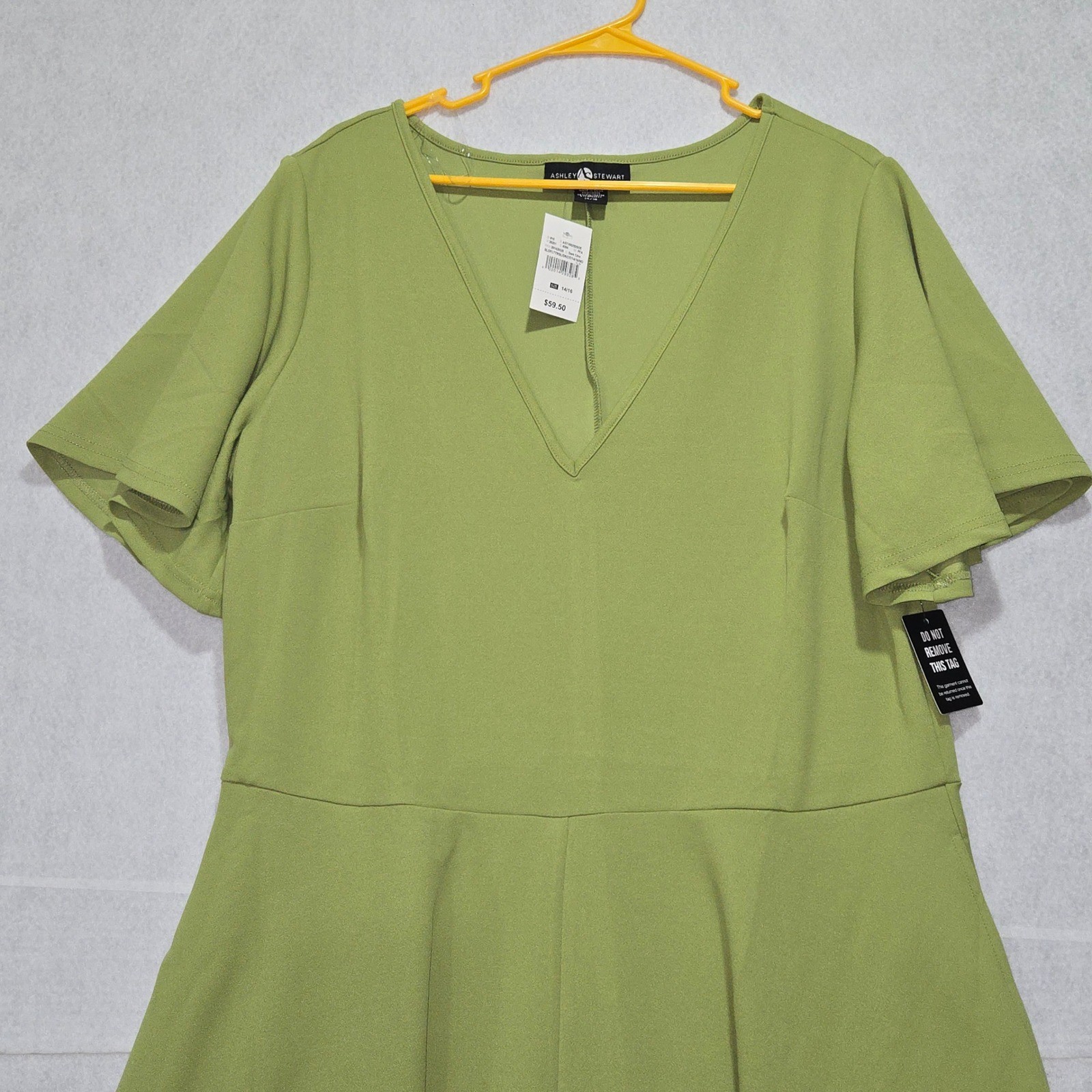 Ashley Stewart Olive Green Flutter Sleeve V Neck Midi Dress Plus Size 14 16
