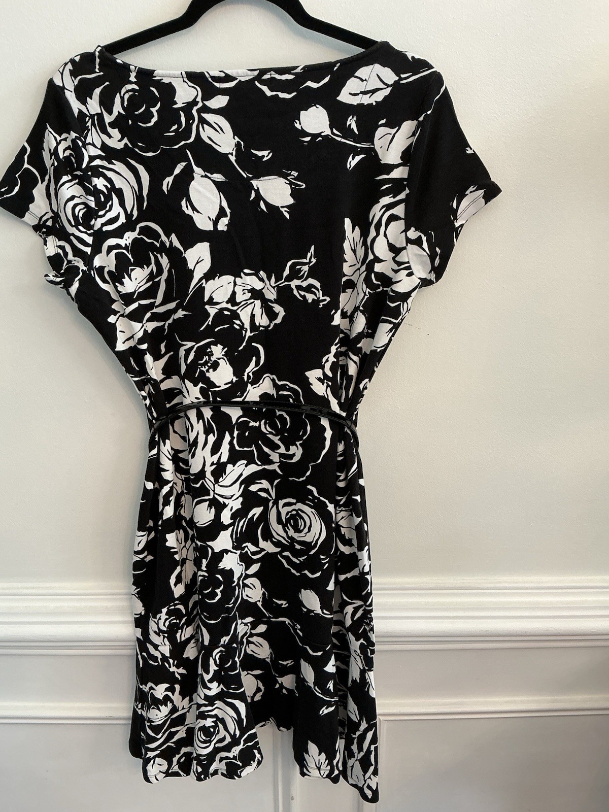 Lauren Ralph Lauren Sheath Dress XL Black White Floral Knit Belted Stretch
