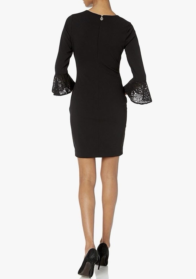 Tommy Hilfiger Black Sheath Event Dress Lace Hem Bell Sleeve Classic Size 2
