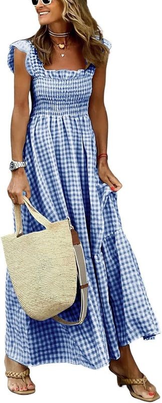 chouyatou Women Retro Plaid Smocked Dress Spaghetti Strap Flounce Long Dre