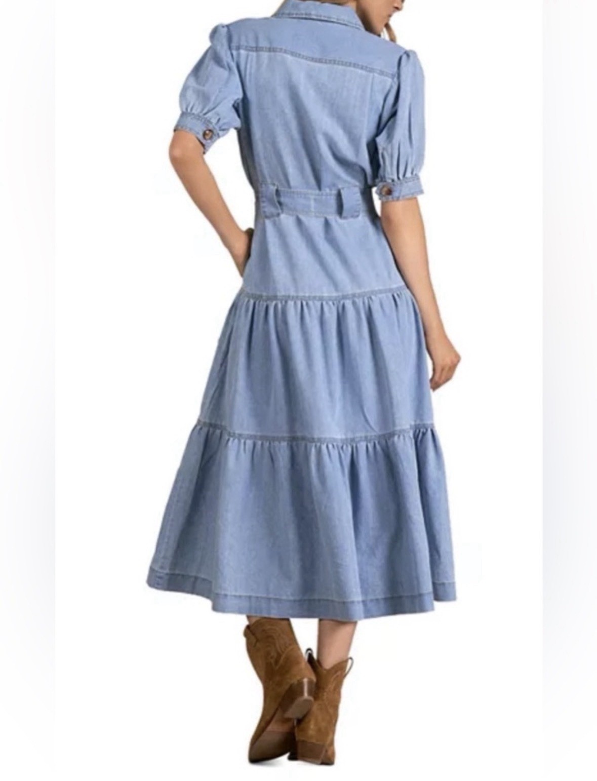 Elan Sunflower Patch Denim Shirt Dress Belted Tiered Collared Puff Sleeve Blue M