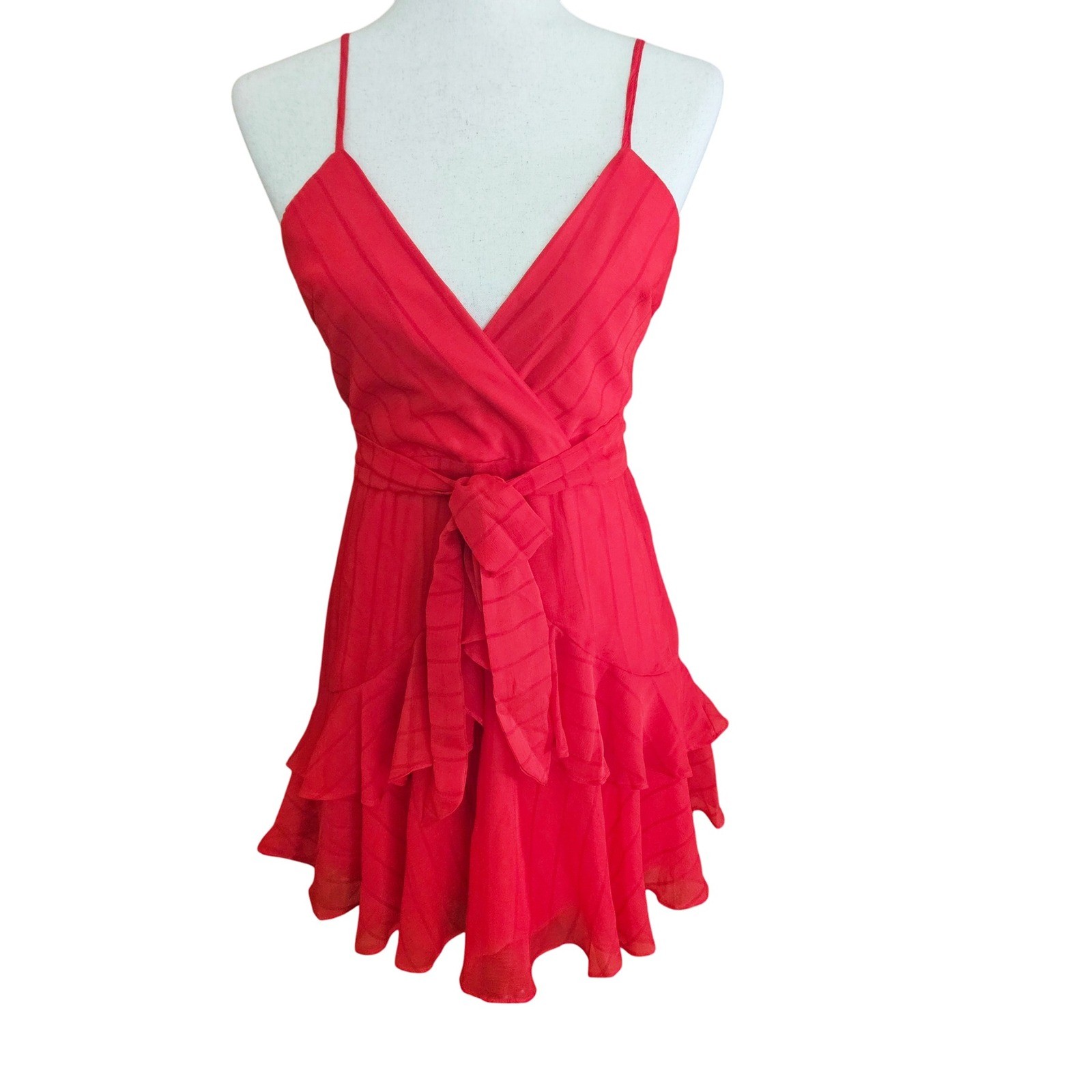Saints + Secrets Red Ruffle Mini Dress Wrap V-Neck Tie Waist Striped Sleeveless