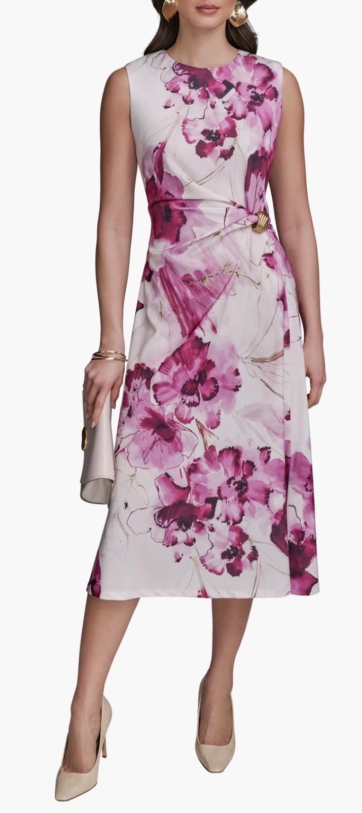 NWT Donna Karan White Fuchsia Mauve Midi Floral Sheath Sleeveless Dress Size 12