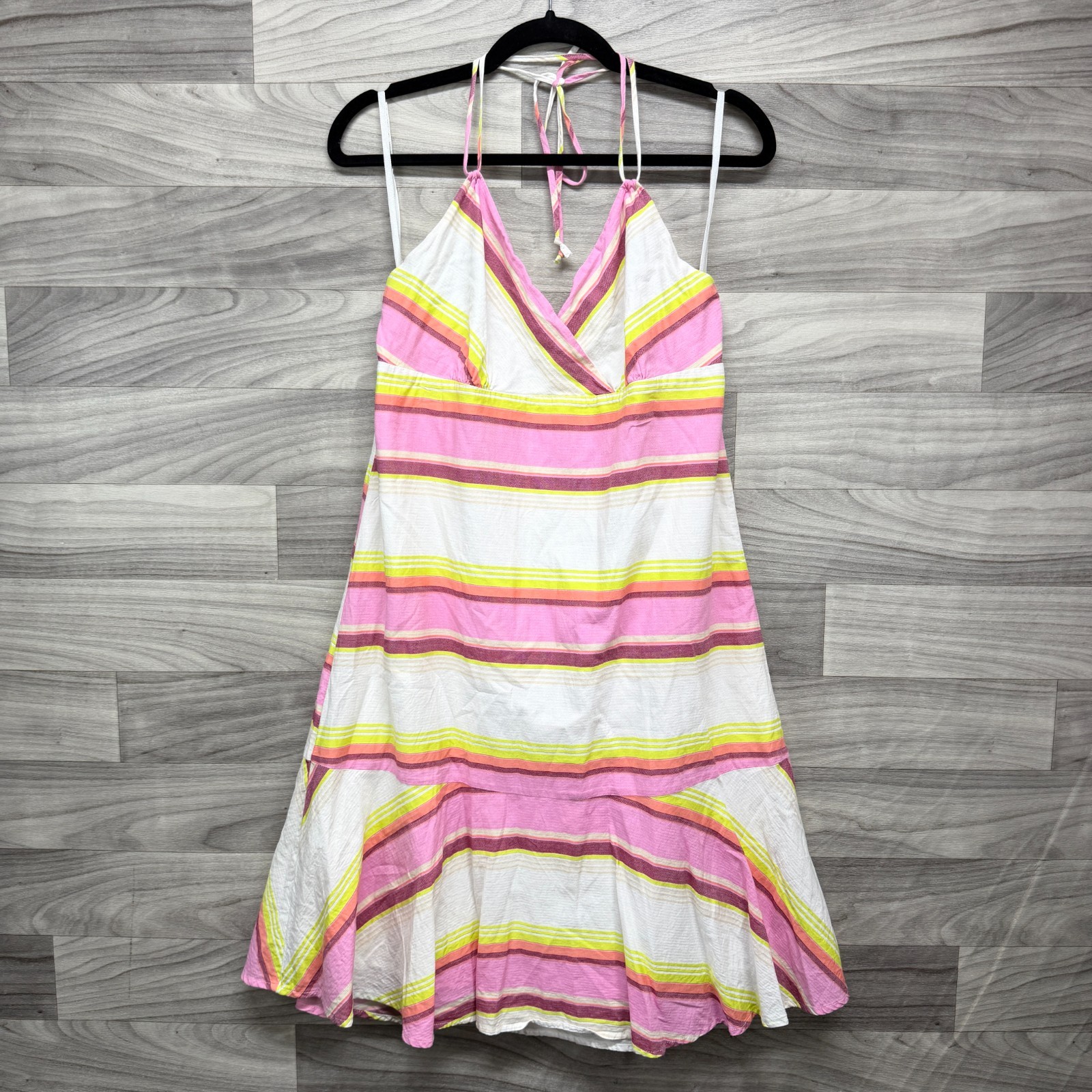 Old Navy Fit & Flare Halter Dress Women’s L Pink White Striped Cotton Sleeveless