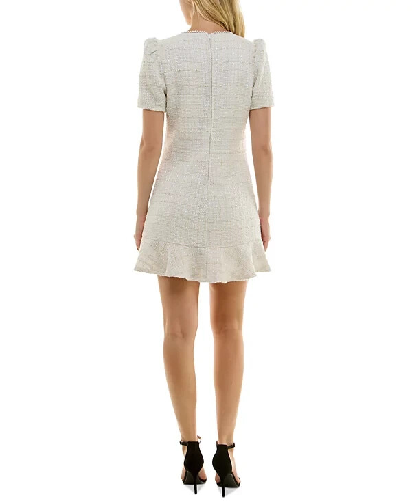 CRYSTAL DOLL Juniors’ Puff-sleeve Ruffle Hem Tweed Dress, Cream, SIZE-XL