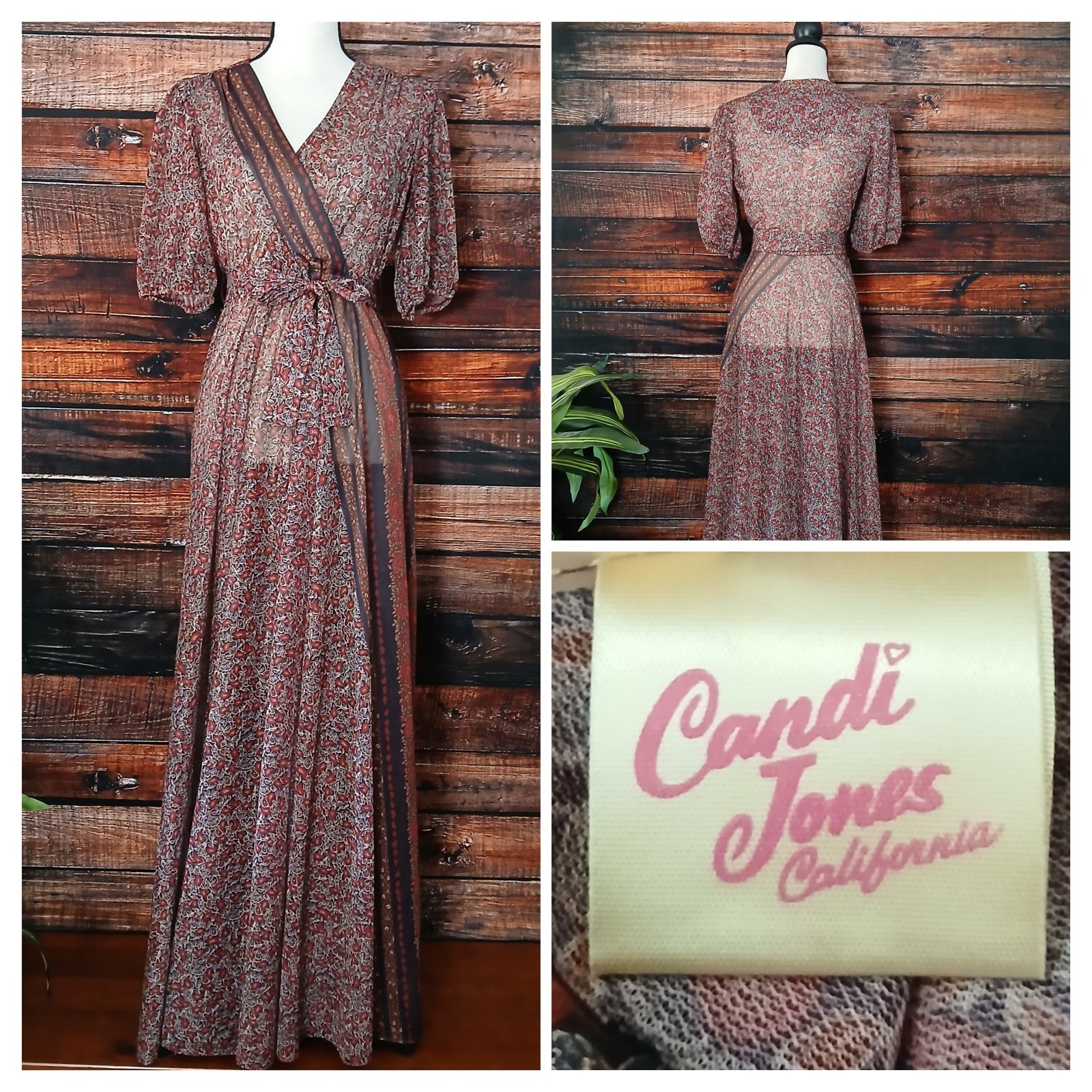 Candi Jones Maxi Dress Belted Sheer Peasant Prairie Full Floral 1970s Vintage