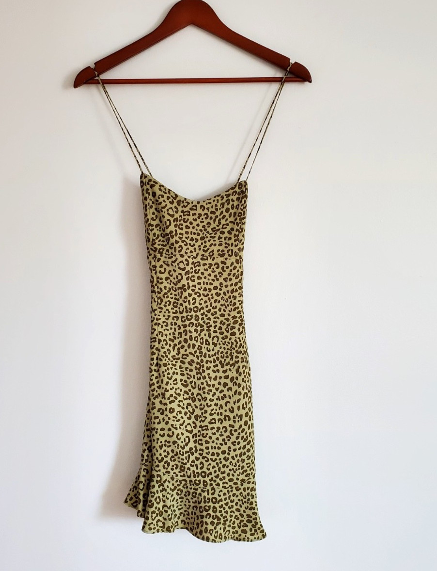 Zara Women’s Green Leopard Print Slip Mini Dress Sweetheart Neck | Size S