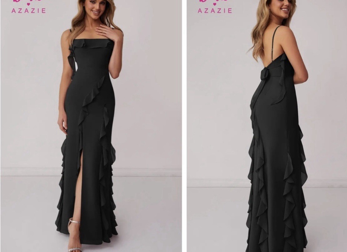 Barbie x Azazie Women’s Black Solid Straight Neck Strappy Gown Side Slit A6