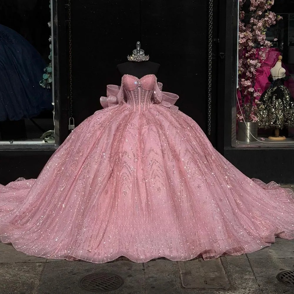 Pink Princess Quinceanera Dresses for Women Bow Sweetheart Glitter Tulle