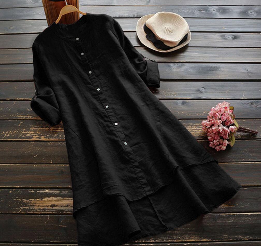 Womens Solid Ruffel Pleated Shirt Dress Long Sleeve Round Neck Casual Dress US