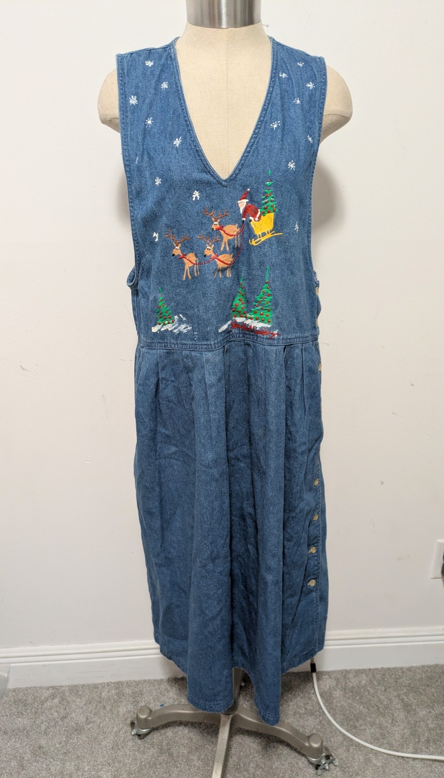 Mizz Lizz Denim Overall Dress M Button Side Cottagecore Hand Painted Christmas