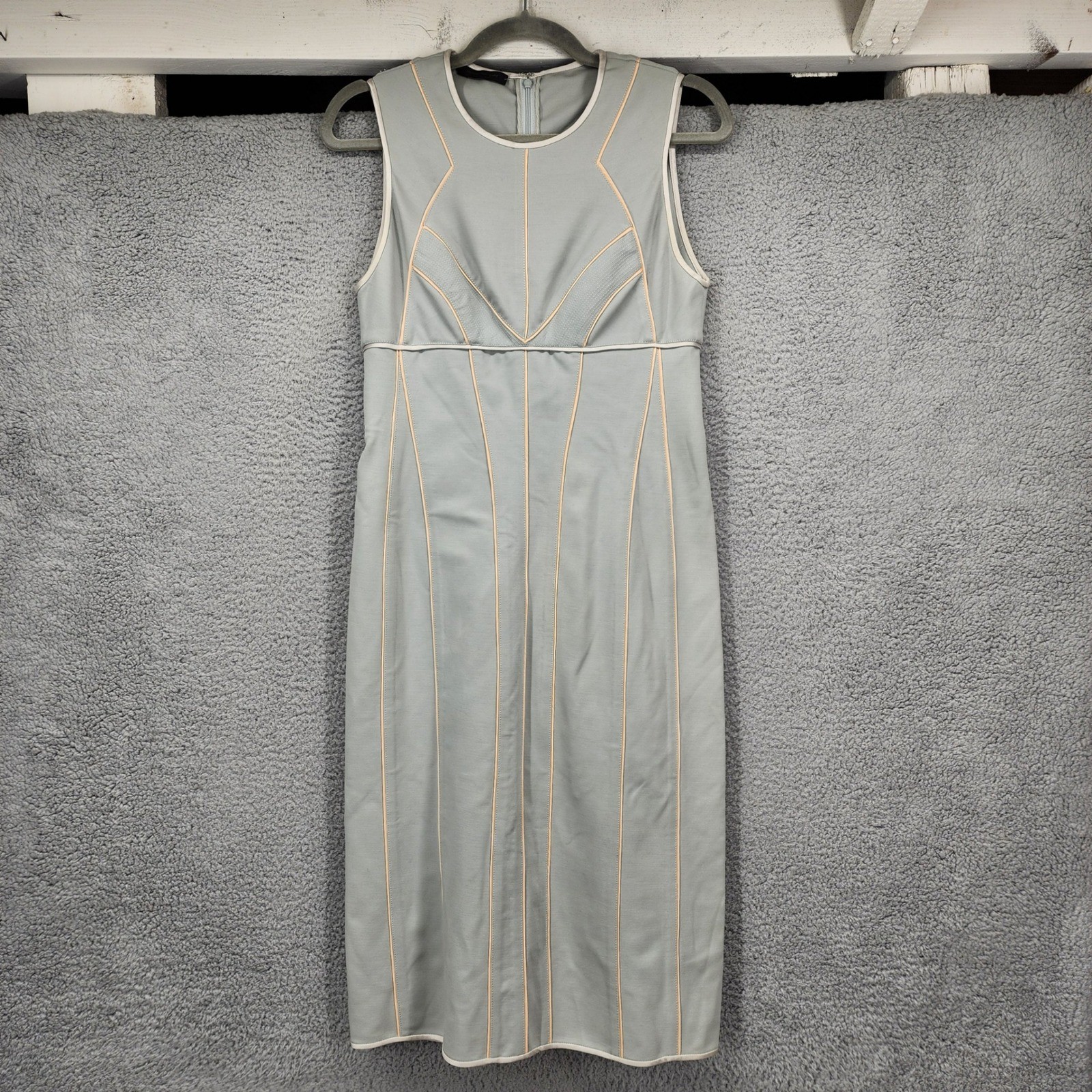 Narciso Rodriguez Sage Green Wool Blend Piping Sheath Dress Made in Italy 42in