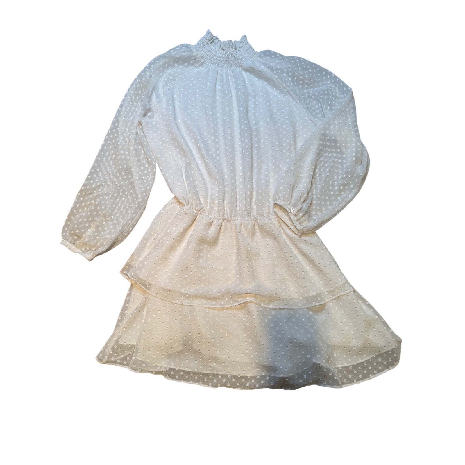 Yumi kim Cream Swiss Dot Mock Neck Tiered Ruffle Dress Size L Long Sleeve