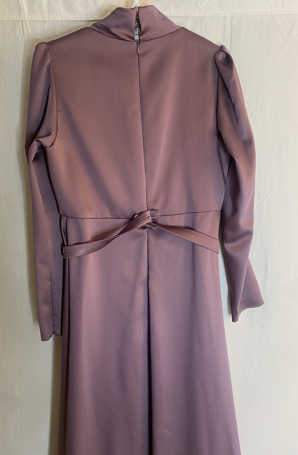 Satin Purple Long Sleeve Evening Gown Beaded