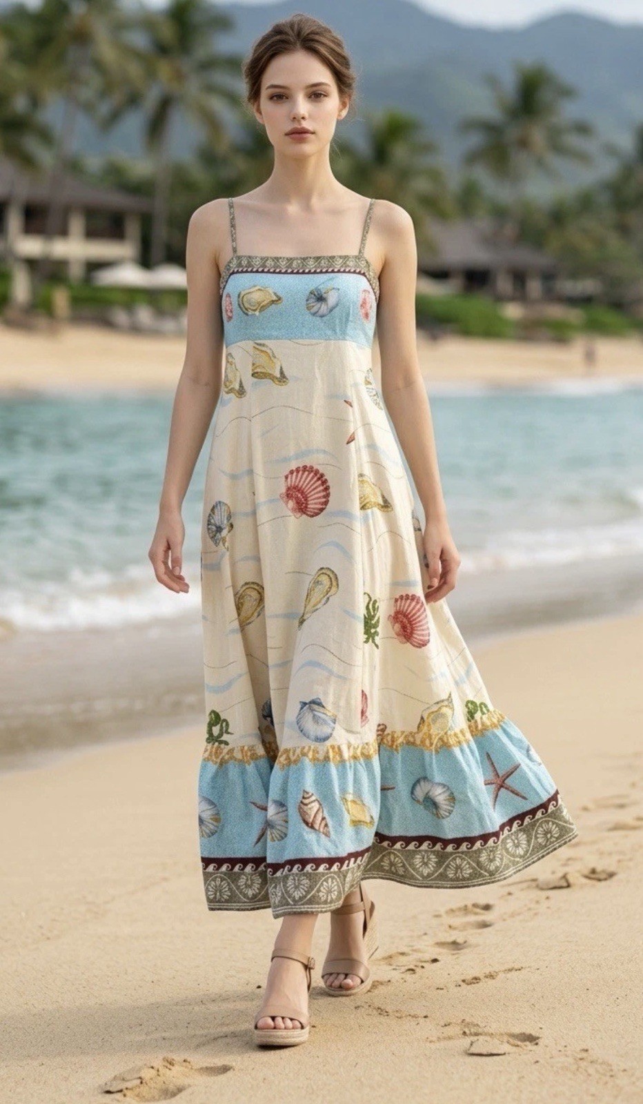 NWT Caroline Constas Seashell Coastal Multicolor Linen Maxi Dress Small