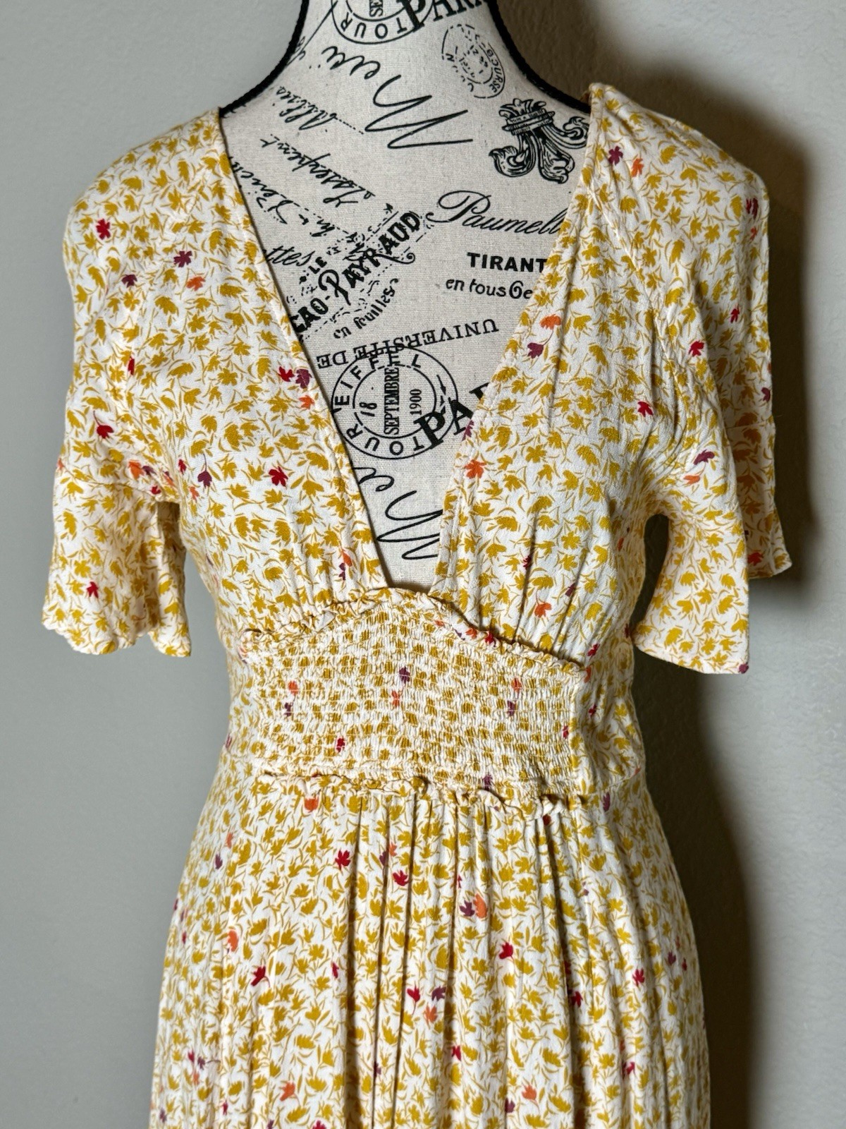 Free People in Full Bloom Floral Midi Dress Yellow Ivory Cottagecore XS Boho