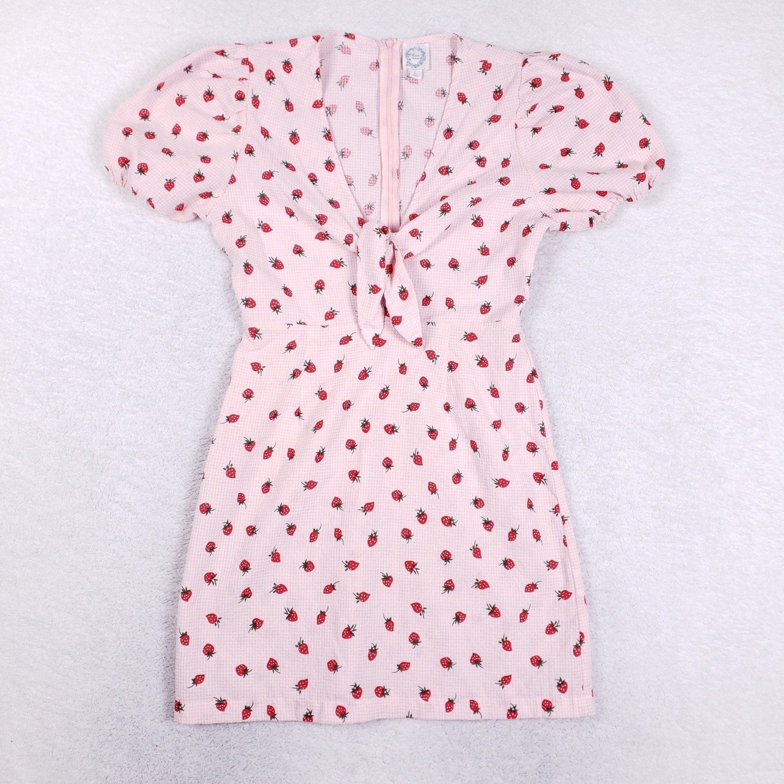Blue Rain Pink Gingham Strawberry Print Puff Sleeve Tie Front Mini Dress Large