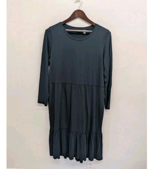 LOGO by Lori Goldstein Blue Midi Dress Size Large Ruffle Hem With Pockets