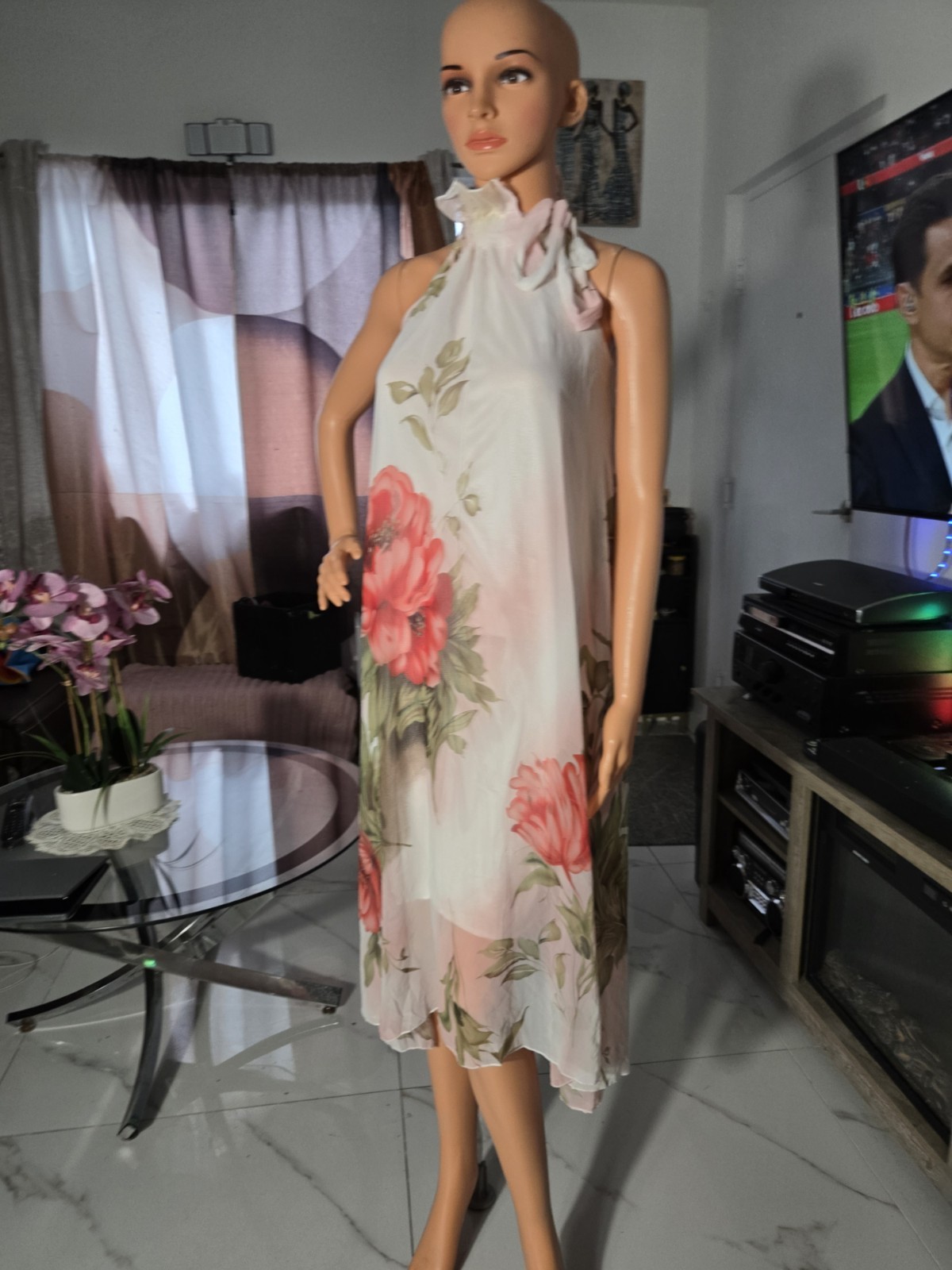 White Pink Green Floral Chiffon Halter Tie Midi Sundress Ruffle Side Slit S