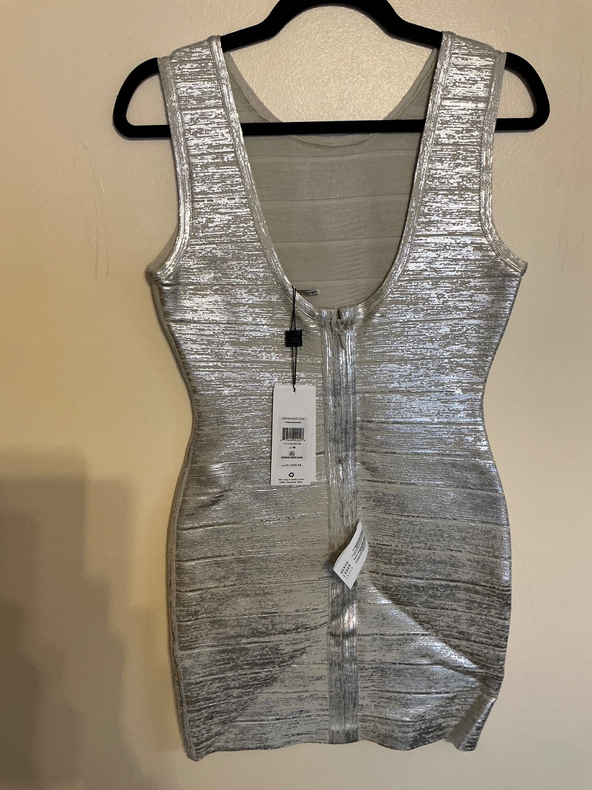 NWT $1050 Herve leger women’s size M silver foil bandage sleeveless Dress
