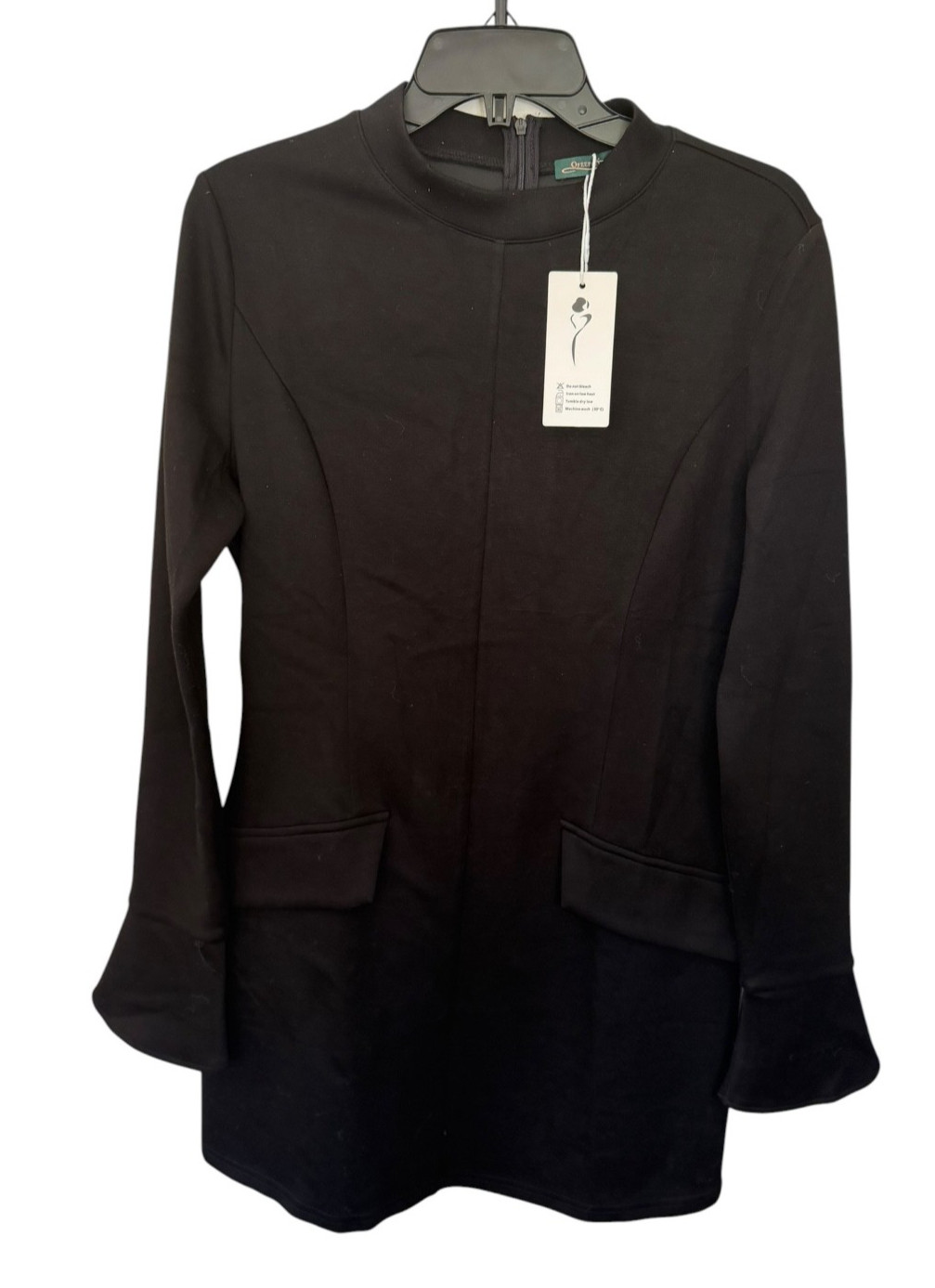 NWT Ofeefan Large Black Mock Neck Dress Long Sleeve Bell Cuff Faux Pockets Tunic