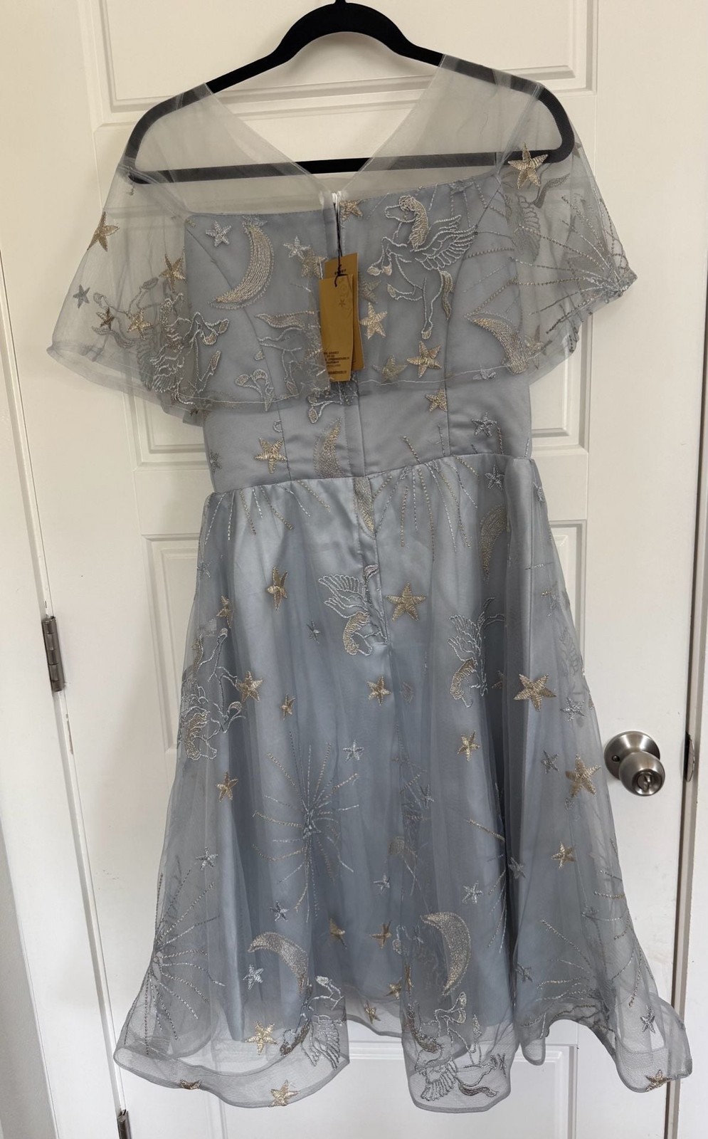 Celestial Pegasus Star Moon Embroidered Tulle Party Dress Gray M NWT