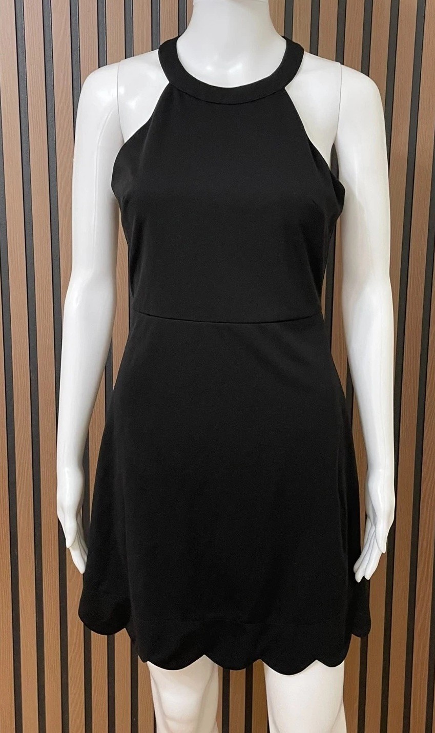 Lulus Mamacita Women’s S Black Dress Poly Skater Halter Scallop Hem Cocktail
