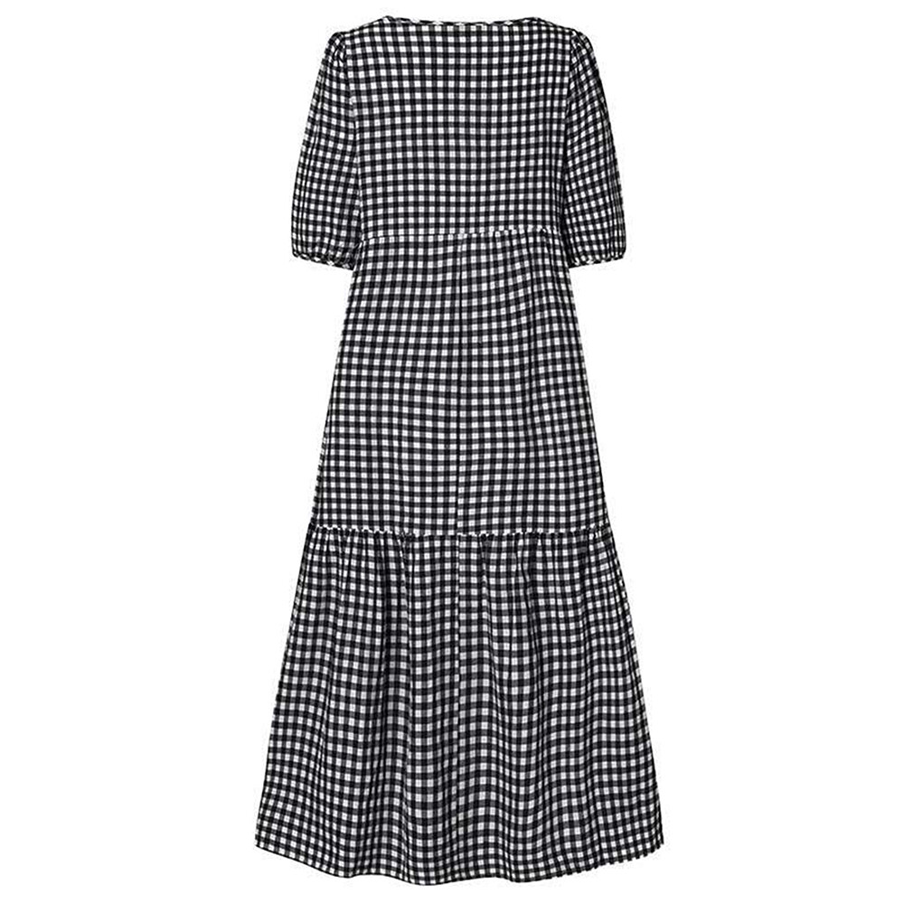 Womens Boho Plaid A-Line Midi Dress Ladies Pleated Loose Holiday Beach Sundress