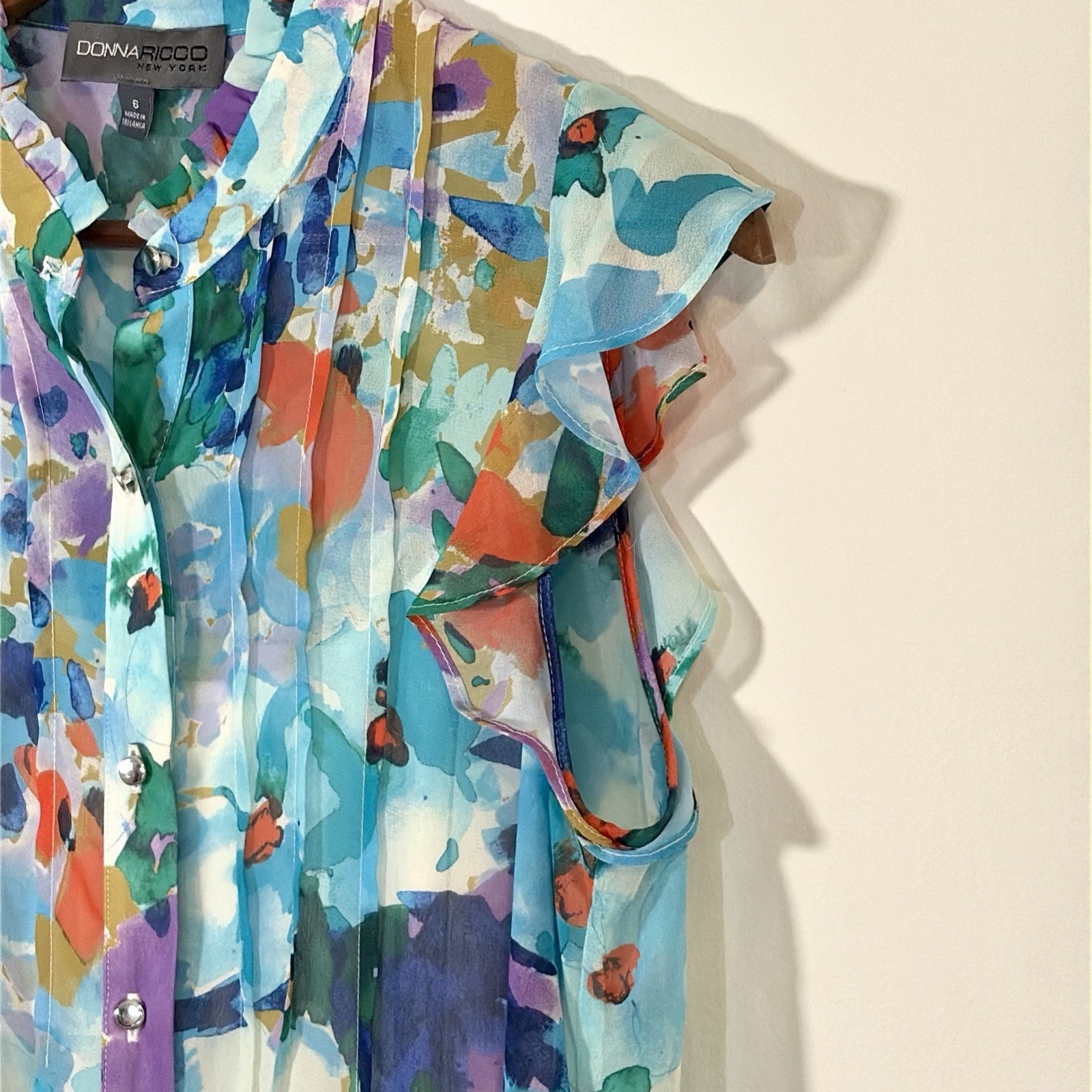 Donna Ricco NY Dress Size 6 S Blue Floral Ruffle Sleeve Drop Waist Lined Sheath