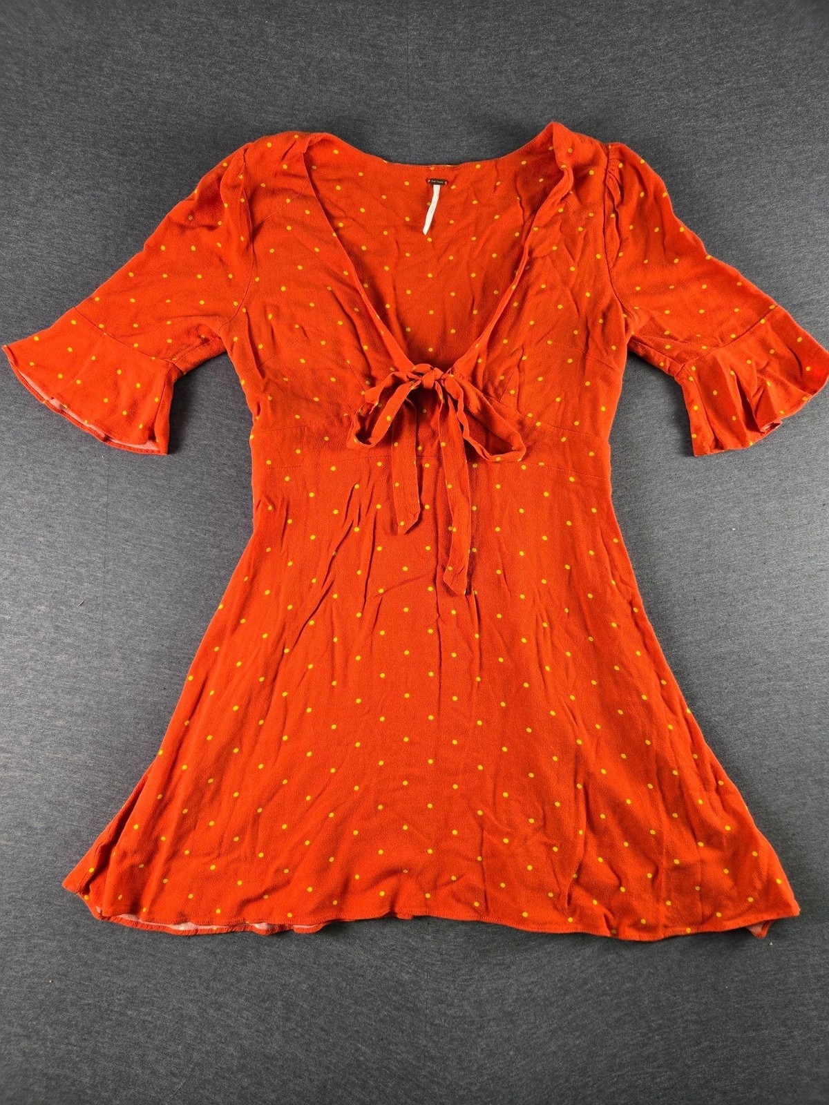 Free People Dress Womens 8 Orange Polka Dot Tie Front Ruffle Sleeve Fit Flare