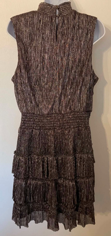 1.STATE Metallic Foiled Smocked Mock Neck Tiered Ruffle Mini Dress Size XL C4