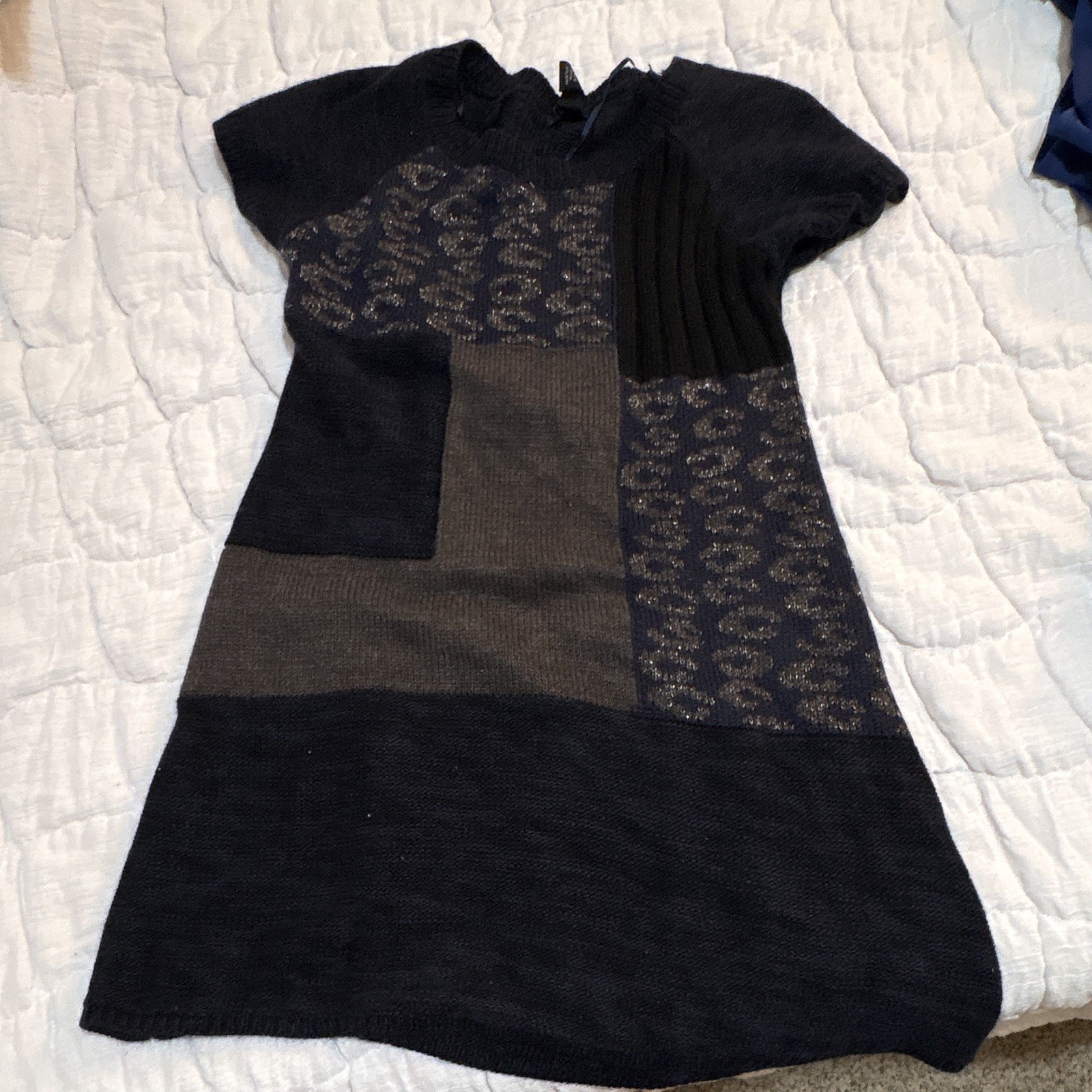 Style & co Petites P/M Black Gray Knit T-Shirt Dress Scoop Neck Pleated