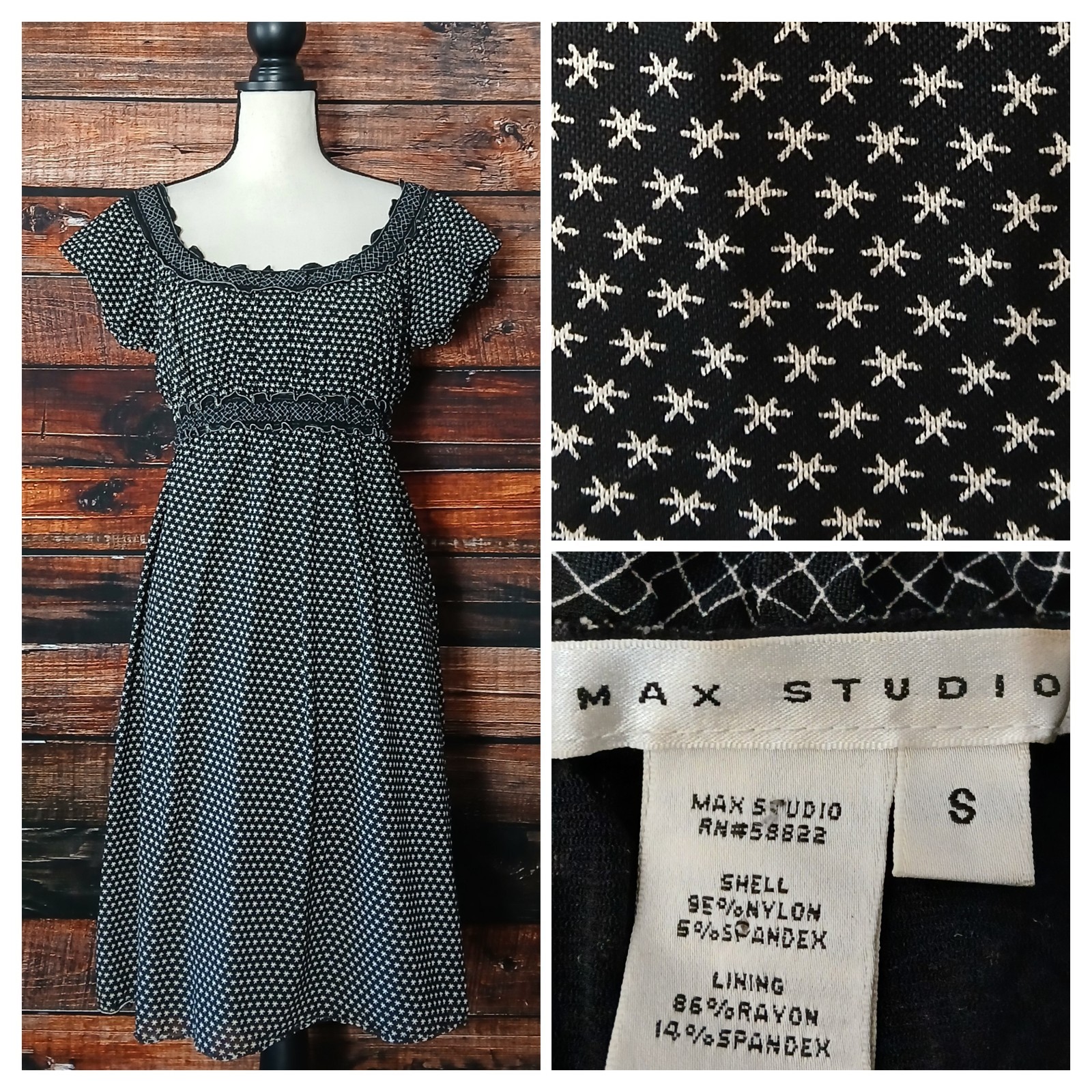 Max Studio Dress S Peasant Puff Sleeve Black White Star Print Nylon Mesh Ruffle