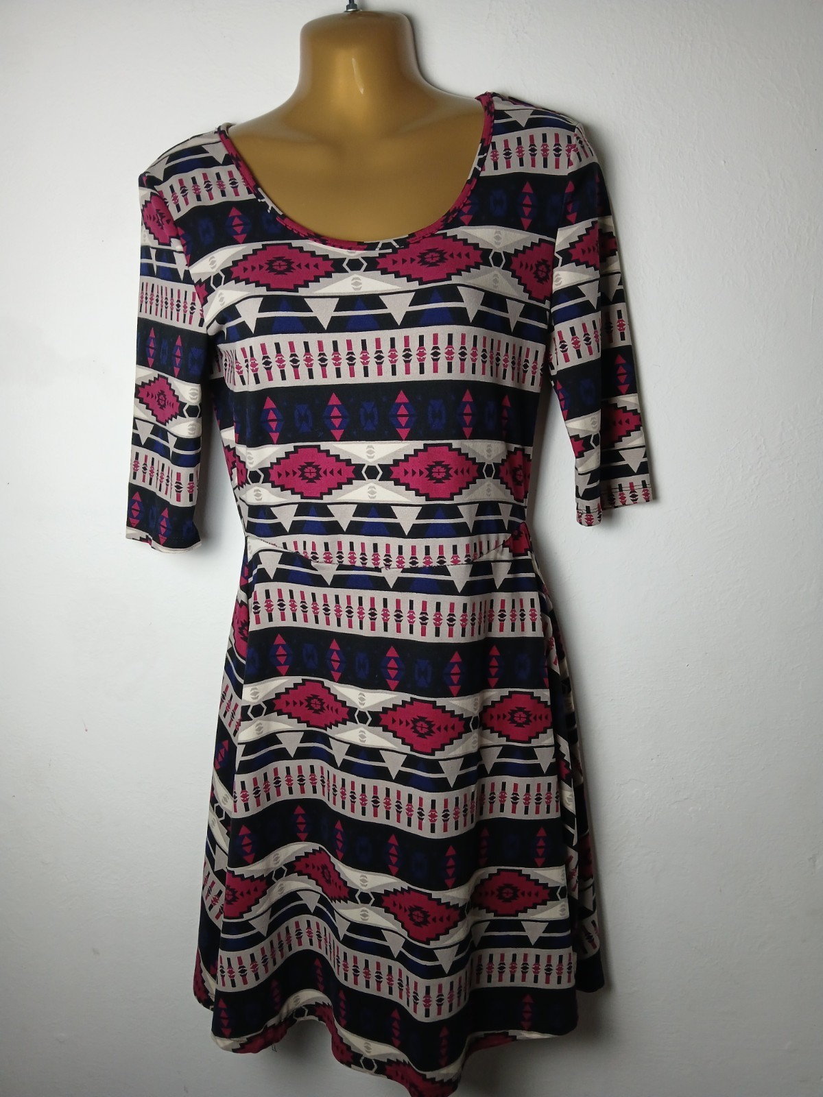 rue21 Multicolor Geometric Knit Scoop Neck 3/4 Sleeve A-Line Dress M
