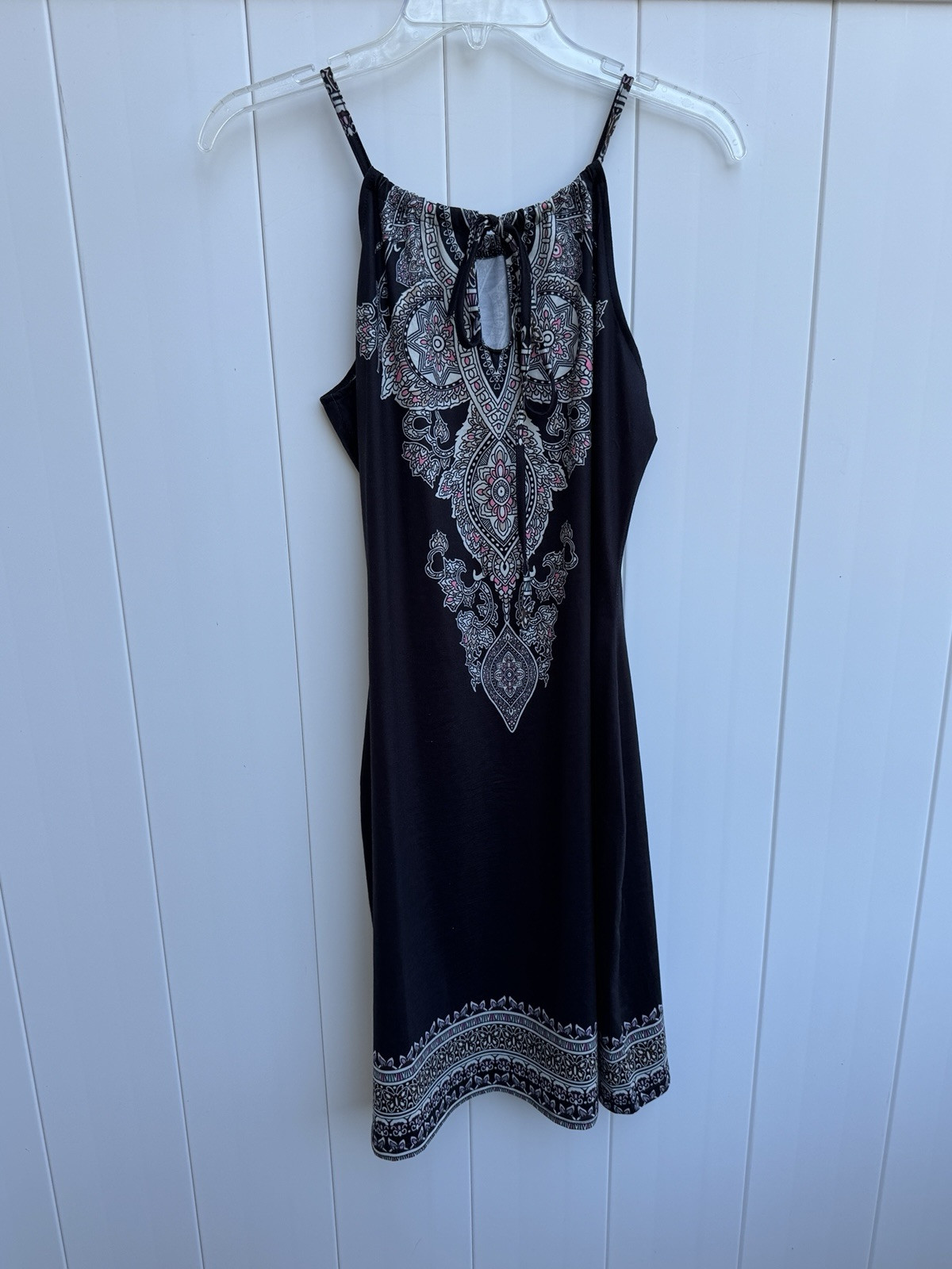 Unknown Women’s Black, Pink Print Sleeveless Tie Dress Medium Key Hole Neck