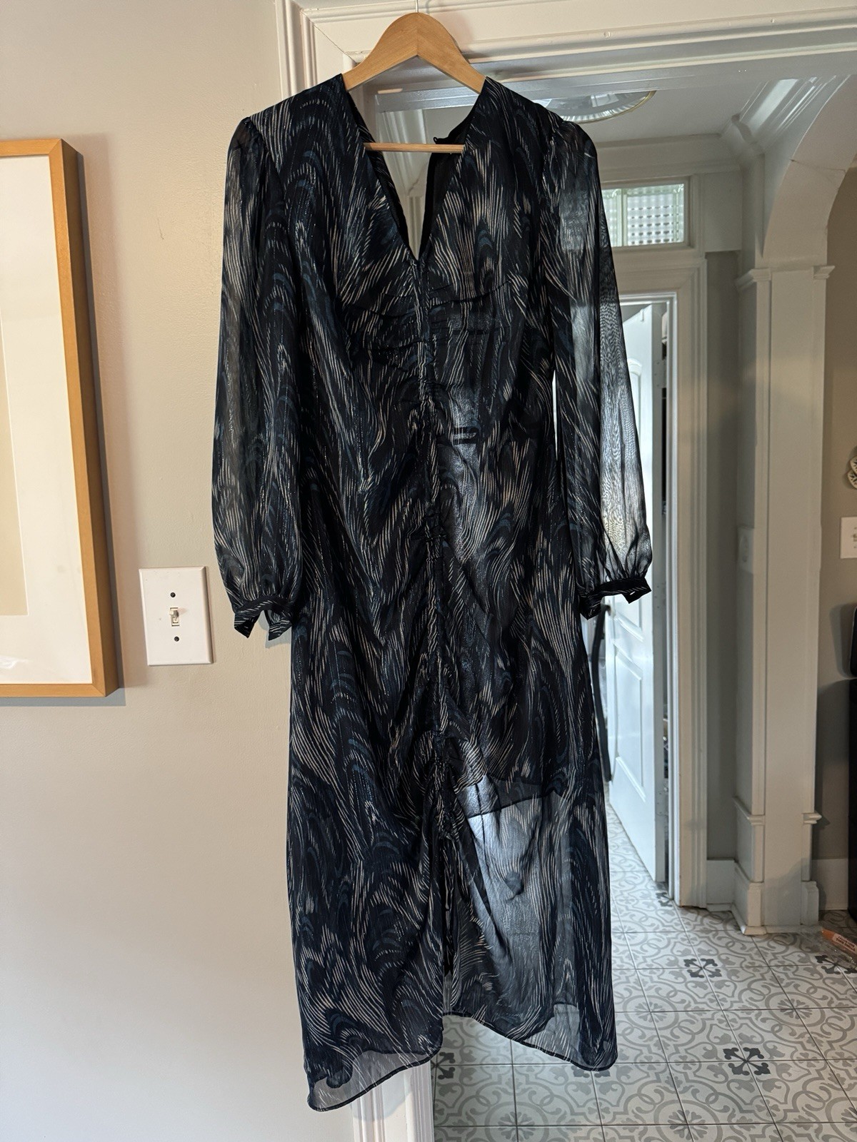 Whistles Blue Wave Print Ruched Dress Size 8 US