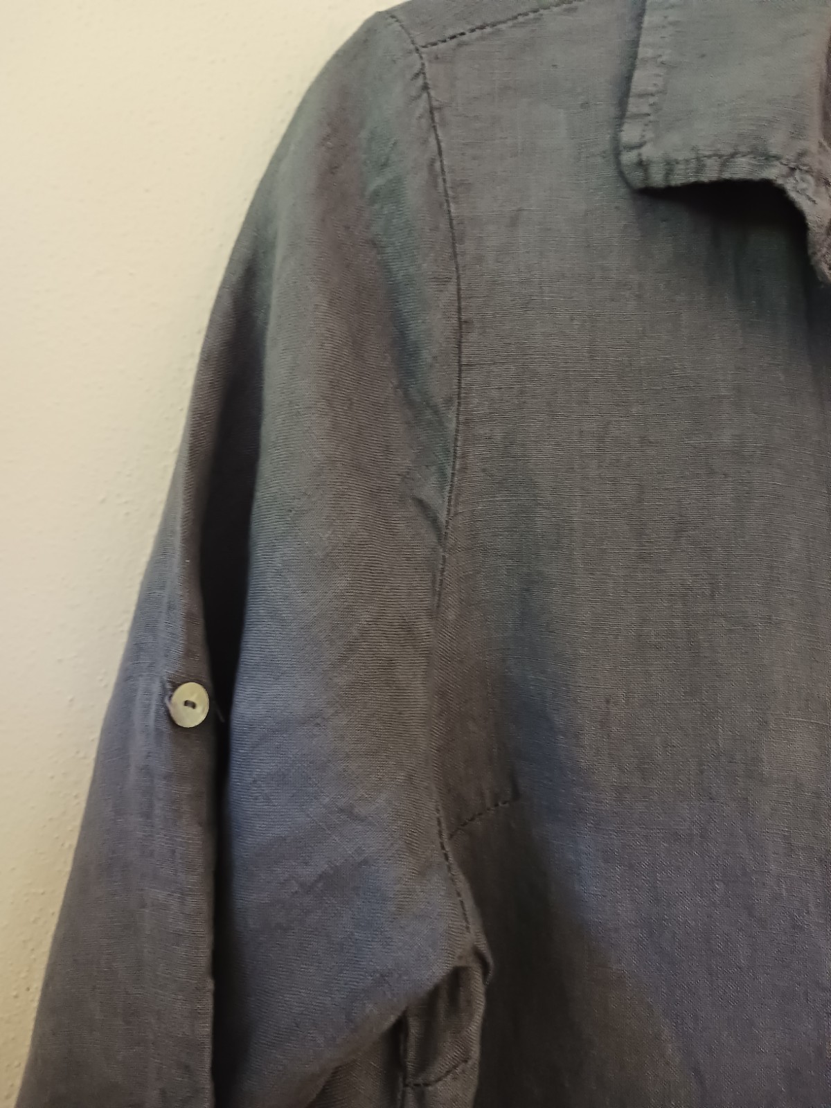 Made in Italy Sz 42″ Steel Blue-Gray 100% Linen Long Shirt Dress Shell Buttons