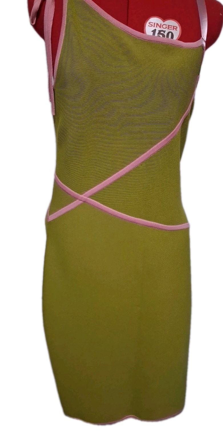 Herve Leger Bandage Dress L Bodycon Lime Green Pink Y2K Cocktail Shoulder Tie