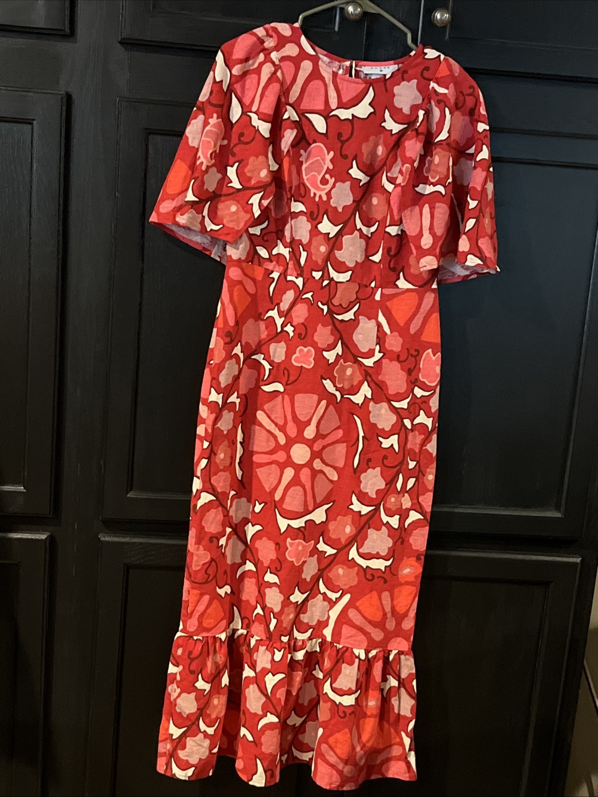 0218 RHODE Women’s Zinnia F loral Flutter Sleeve Non-Stretch Midi Dress Red Sz 6