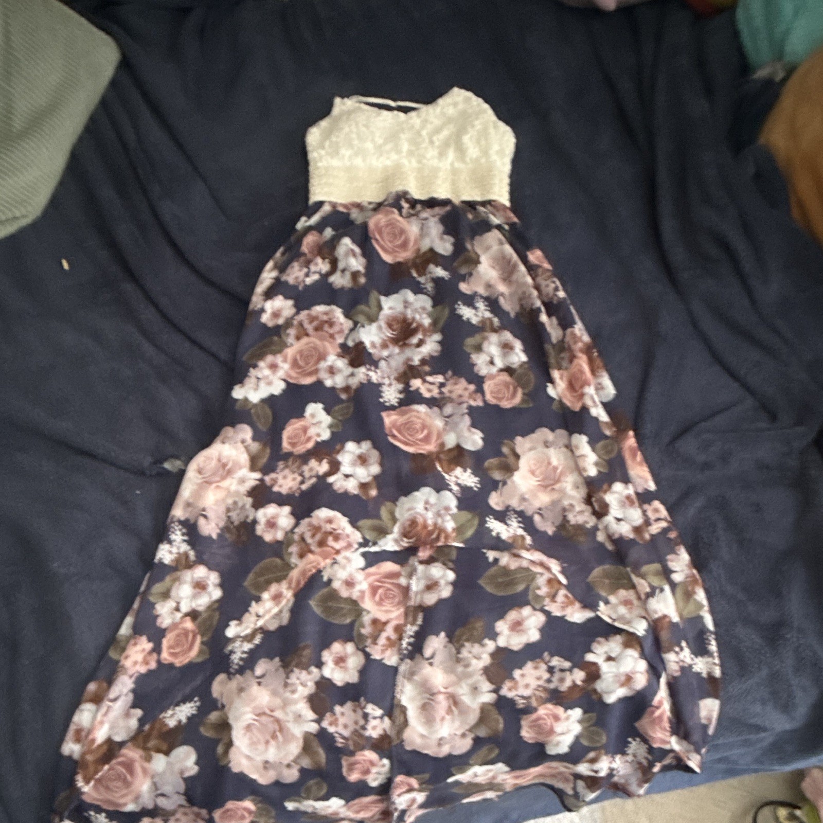 J for Justify Navy Floral Midi Sundress V-Neck Strappy Lace Women’s M