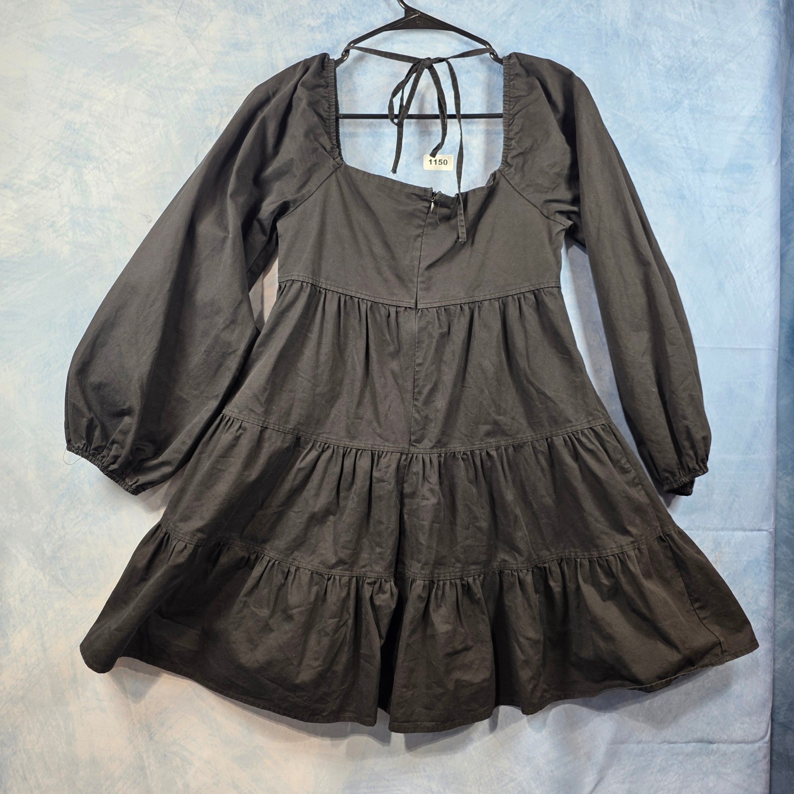 Hyfve Womens Black Tiered Mini Dress Long Balloon Sleeve Square Neck Babydoll M