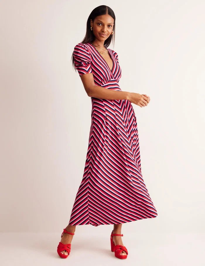 BODEN Kristen Pleated Jersey Dress Strawberry Sherbet Geometric Birdie Print 6R