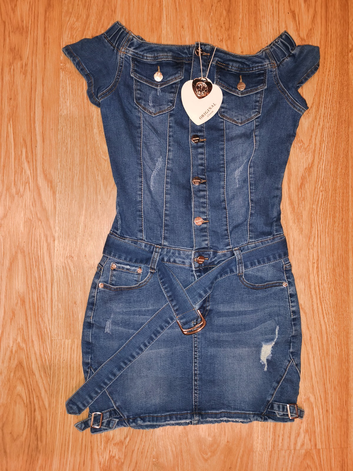 Original Denim Blue Denim Mini Dress – Distressed Detail with Belt, Size M/38