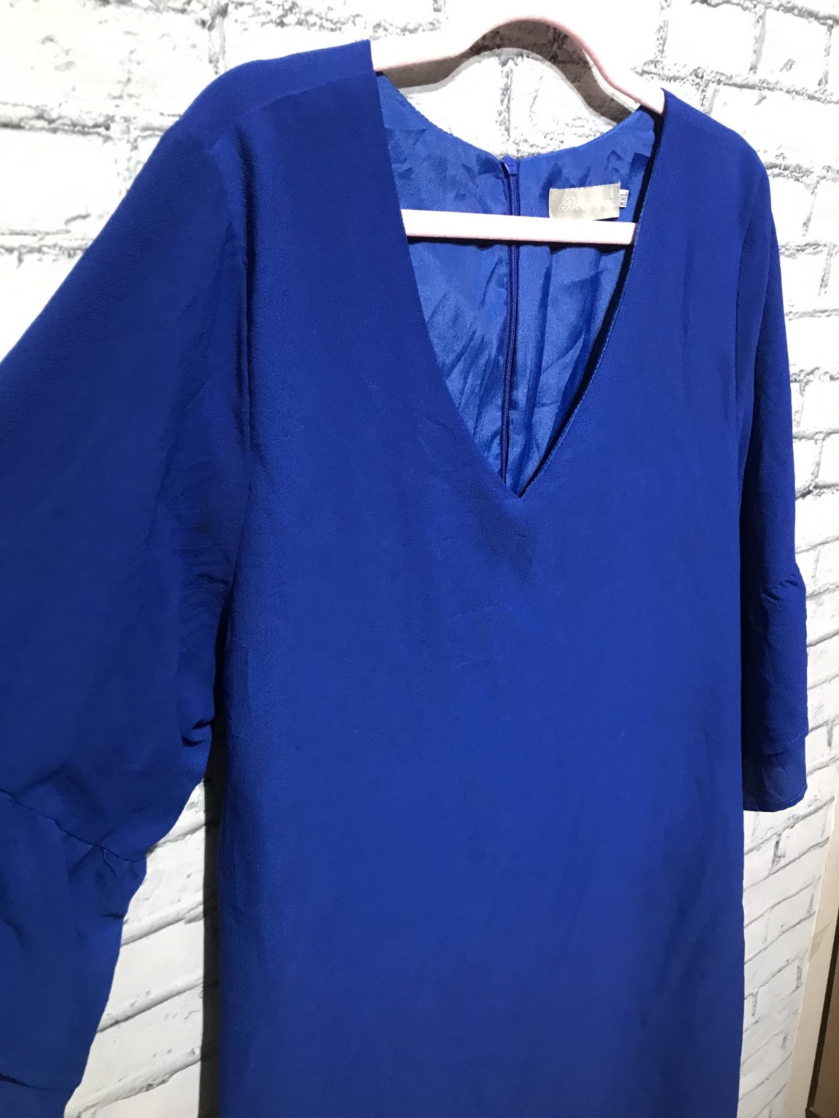 Belongsci, Women Plus XXL/2X, Blue Sheer Ruffle 3/4Sleeve Back-Zip Shift Dress