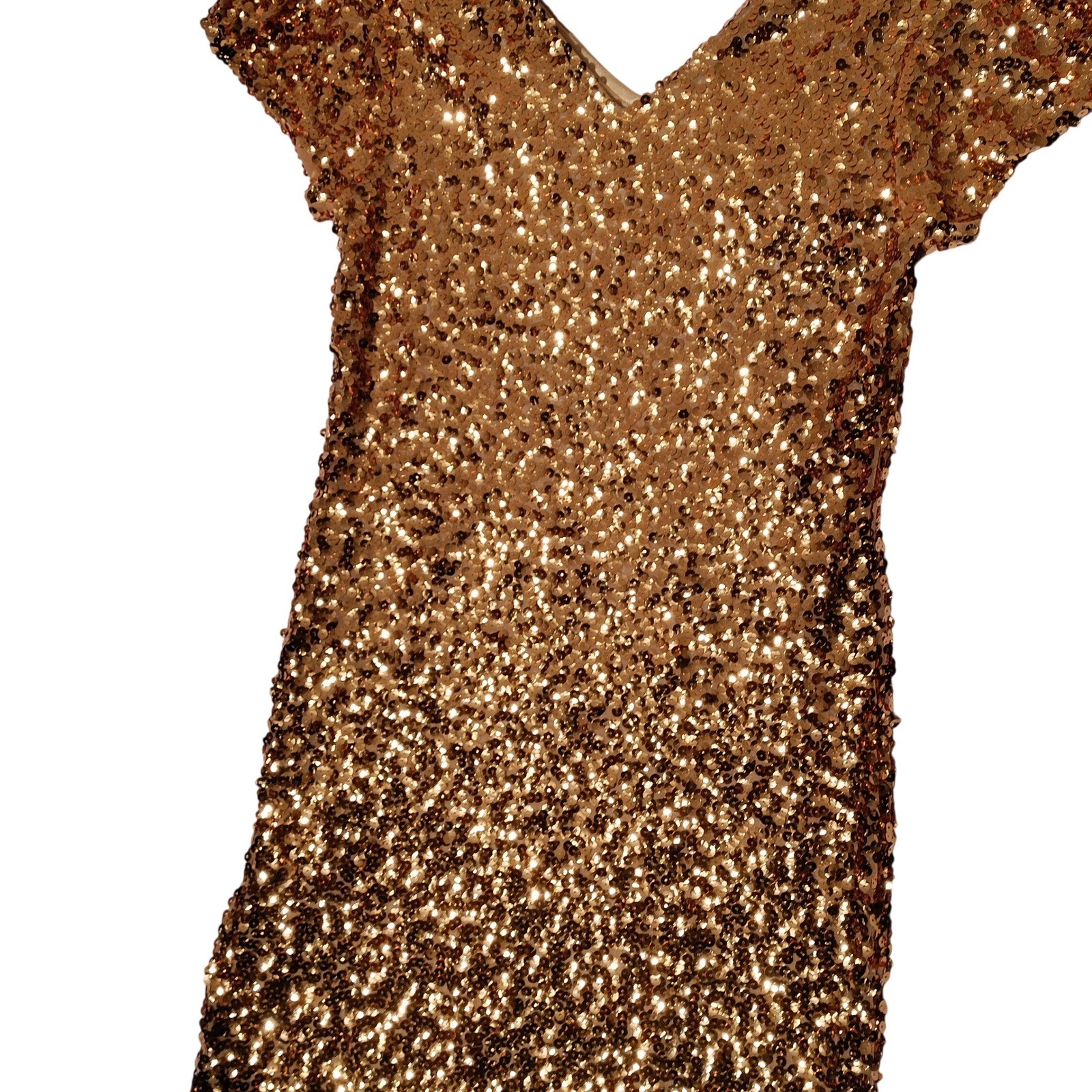 Anna-Kaci Gold Sequin V-Neck Dress Short Sleeve Sparkle & Shine Sz M – Imperfect